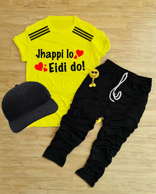 Pack Of 3 Jhappi Lo Eidi Do Yellow Tracksuite For Kid Shirt Trouser Cap