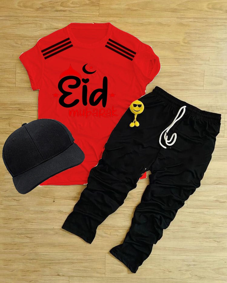 Pack Of 3 Eid Mubarak  Red Tracksuit  For Kid Shirt Trouser Cap