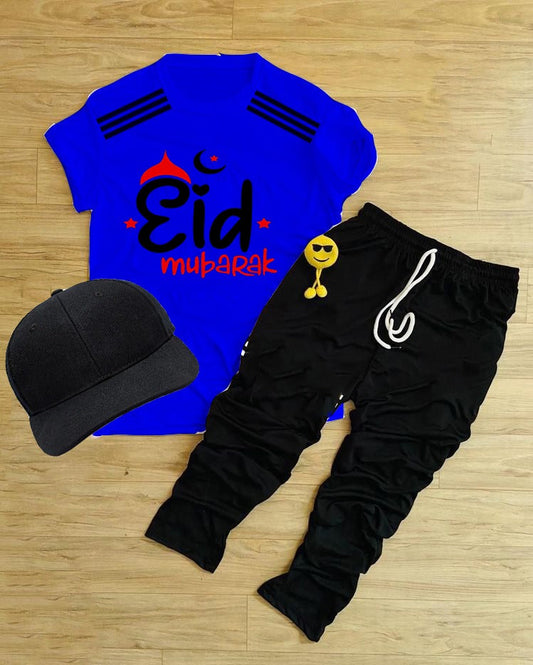 Pack Of 3 Eid Mubarak  Royal Blue Tracksuit For Kid Shirt Trouser Cap